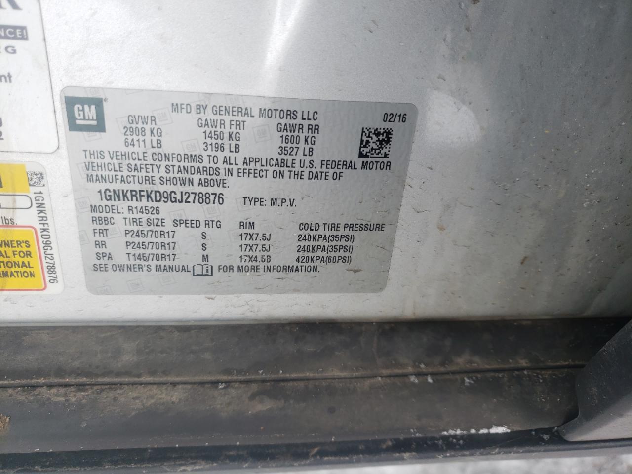 Photo 10 from auction – 2016 CHEVROLET TRAVERSE L with VIN 1GNKRFKD9GJ278876
