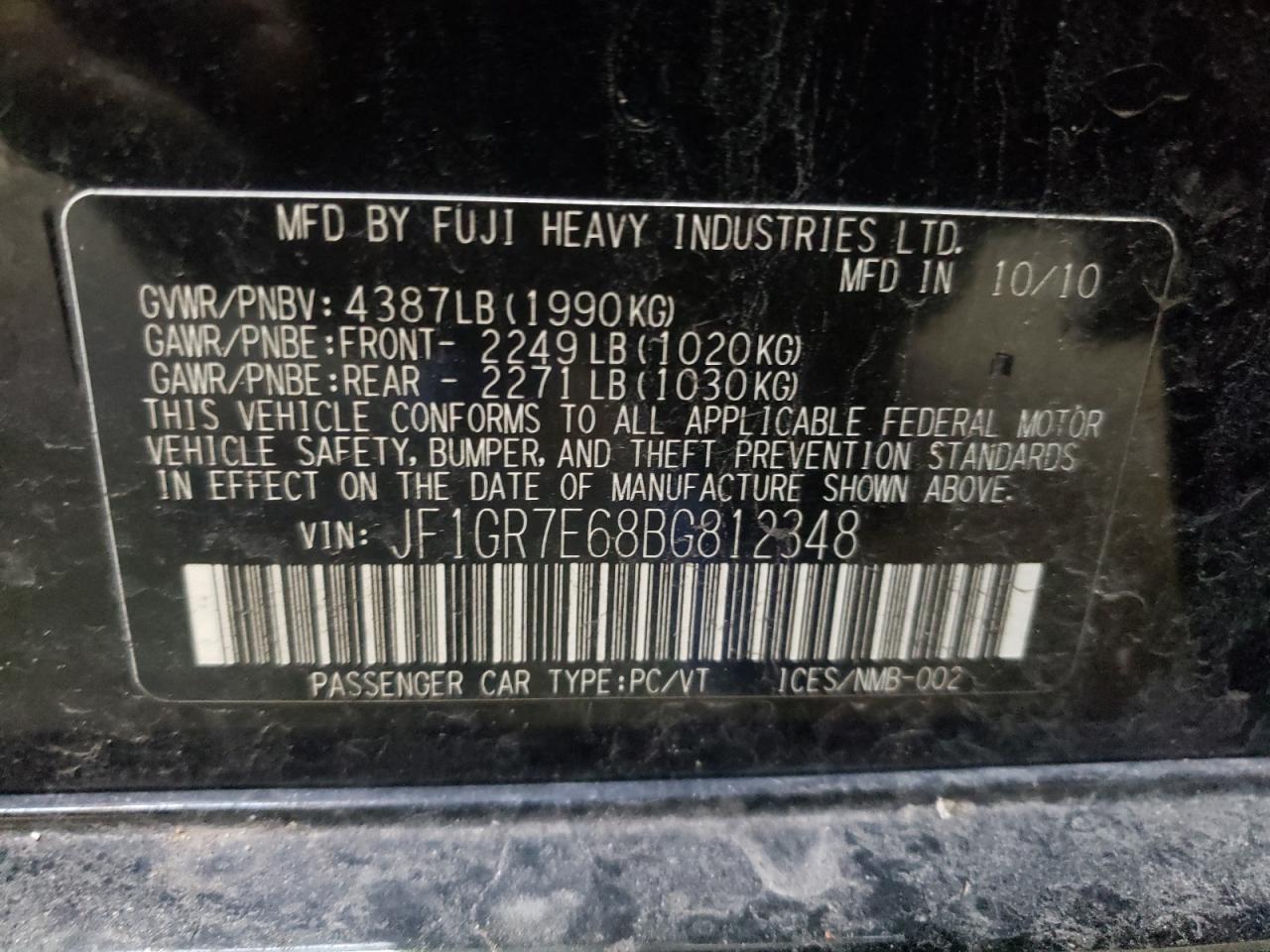 Photo 10 from auction – 2011 SUBARU IMPREZA WR with VIN JF1GR7E68BG812348