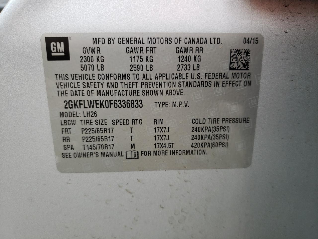 Photo 10 from auction – 2015 GMC TERRAIN SL with VIN 2GKFLWEK0F6336833