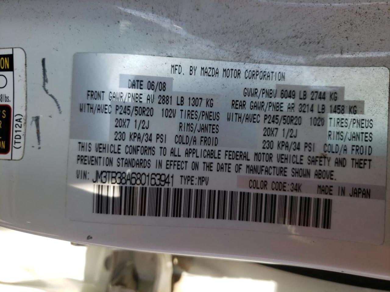 Photo 10 from auction – 2008 MAZDA CX-9 with VIN JM3TB38A680163941