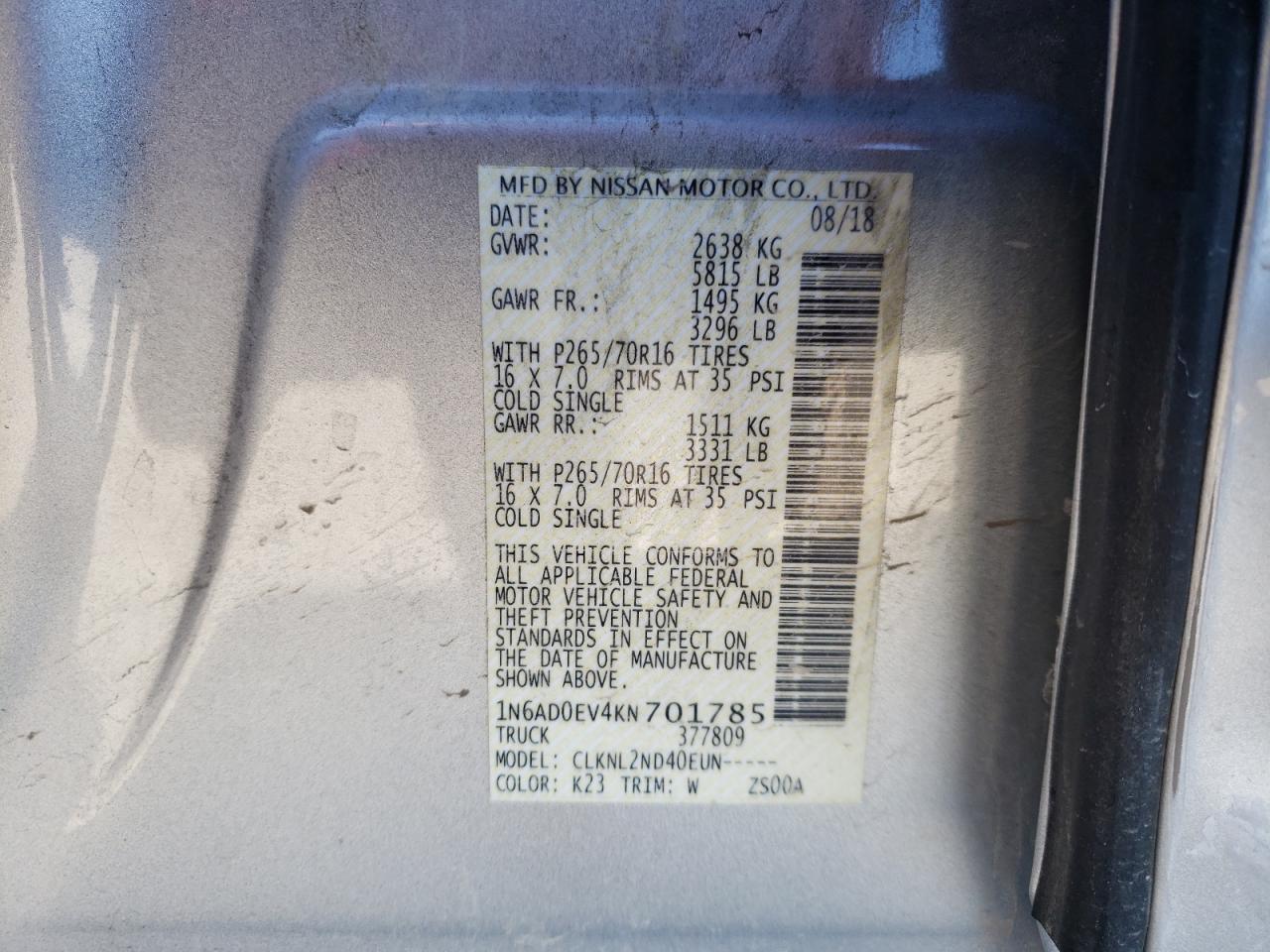 Photo 10 from auction – 2019 NISSAN FRONTIER S with VIN 1N6AD0EV4KN701785