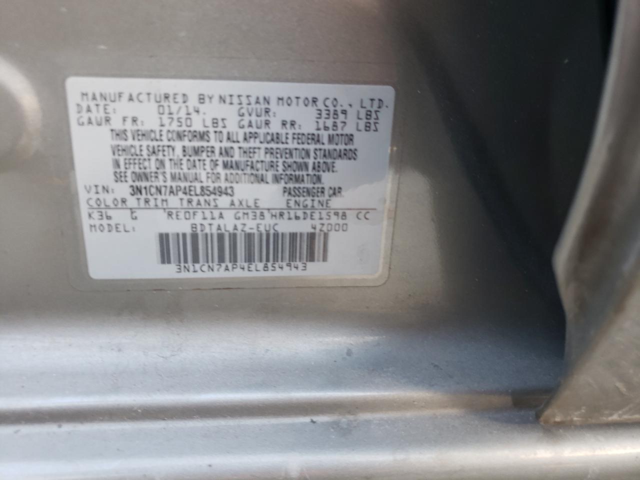 Photo 10 from auction – 2014 NISSAN VERSA with VIN 3N1CN7AP4EL854943