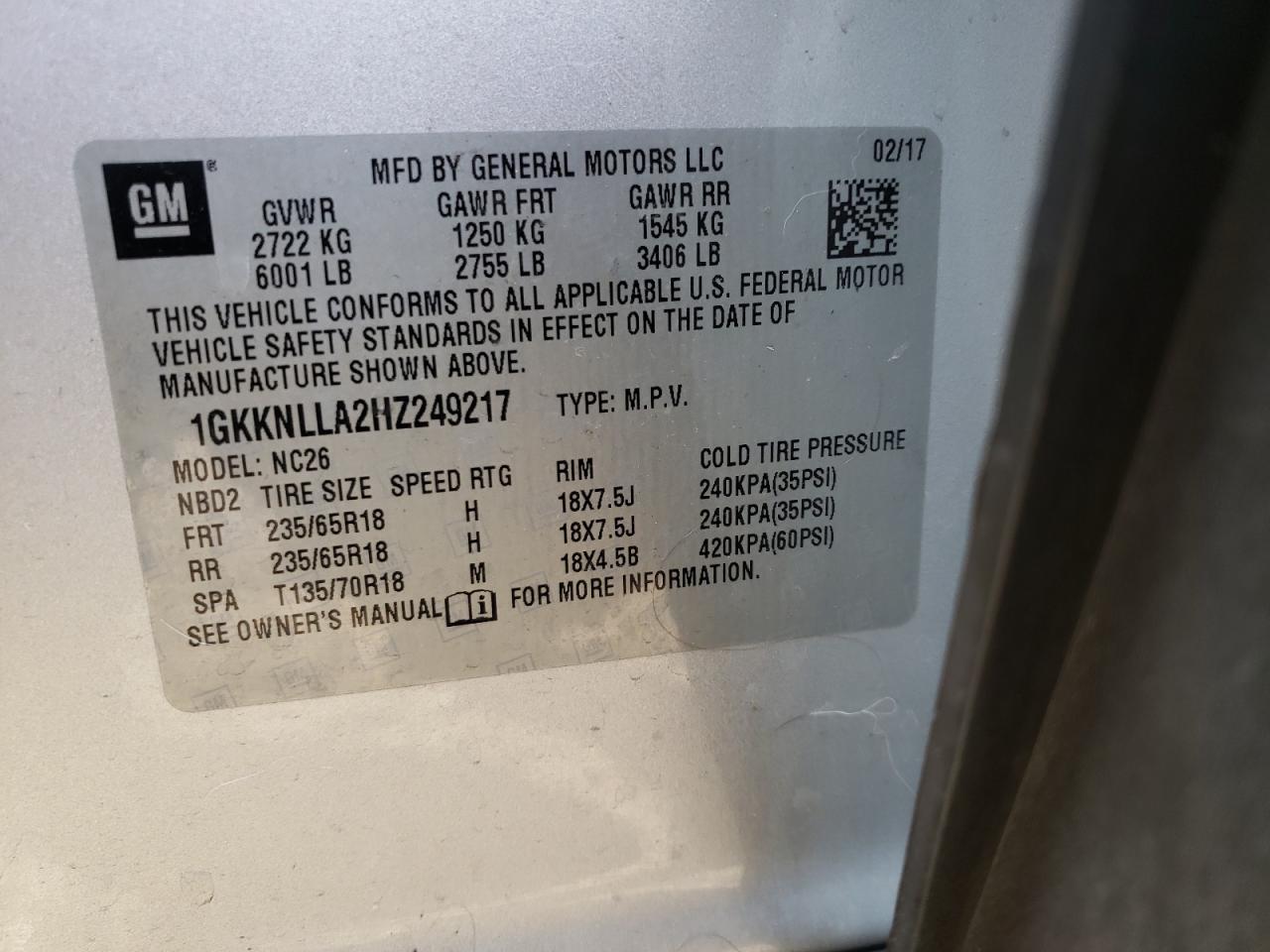 Photo 10 from auction – 2017 GMC ACADIA SLE with VIN 1GKKNLLA2HZ249217