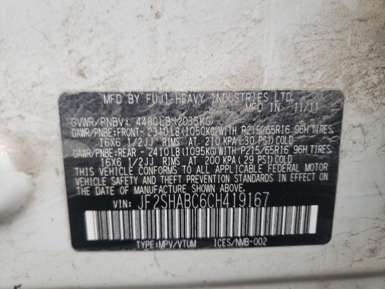 Photo 10 from auction – 2012 SUBARU FORESTER 2 with VIN JF2SHABC6CH419167