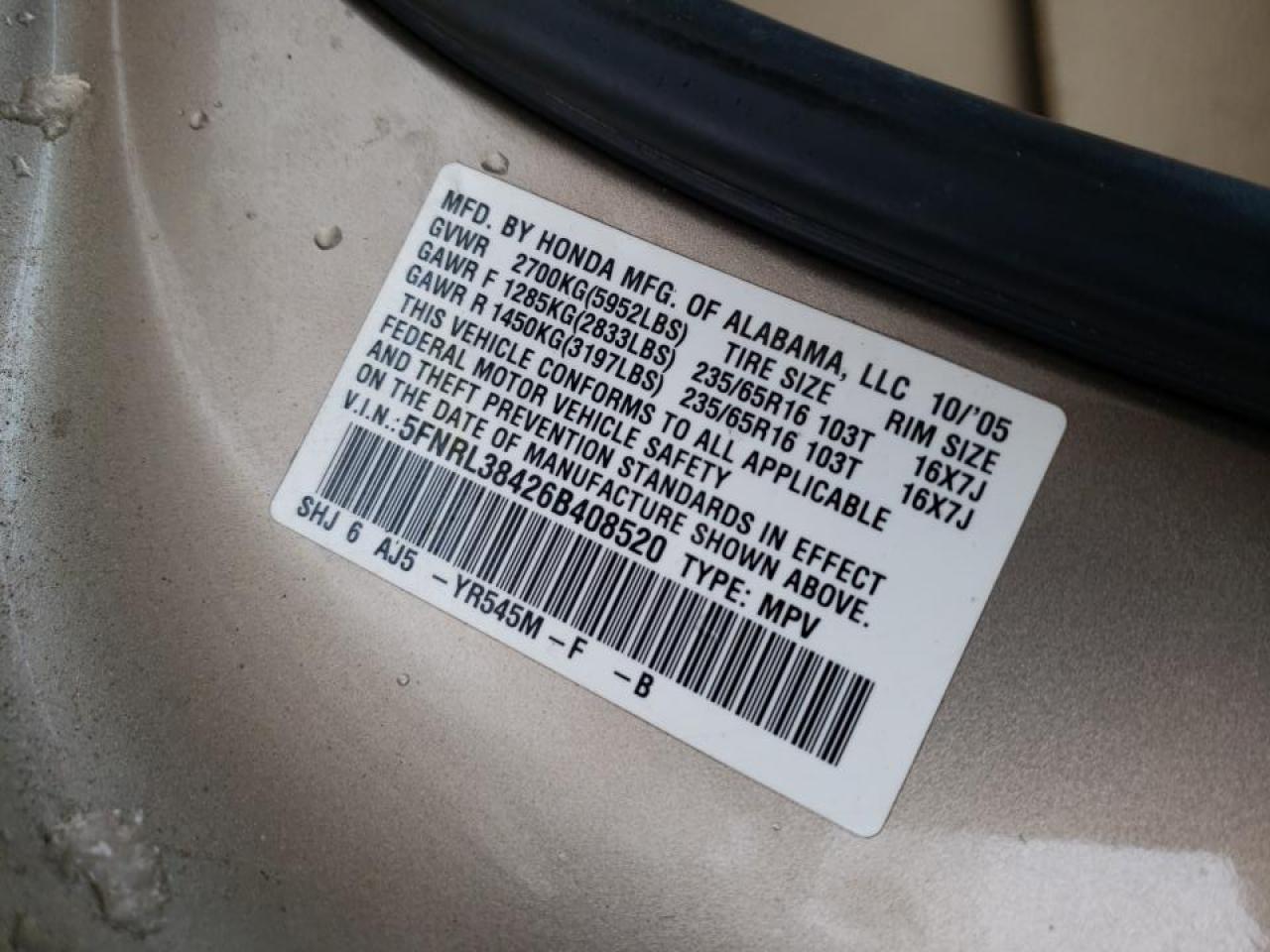 Photo 10 from auction – 2006 HONDA ODYSSEY EX with VIN 5FNRL38426B408520