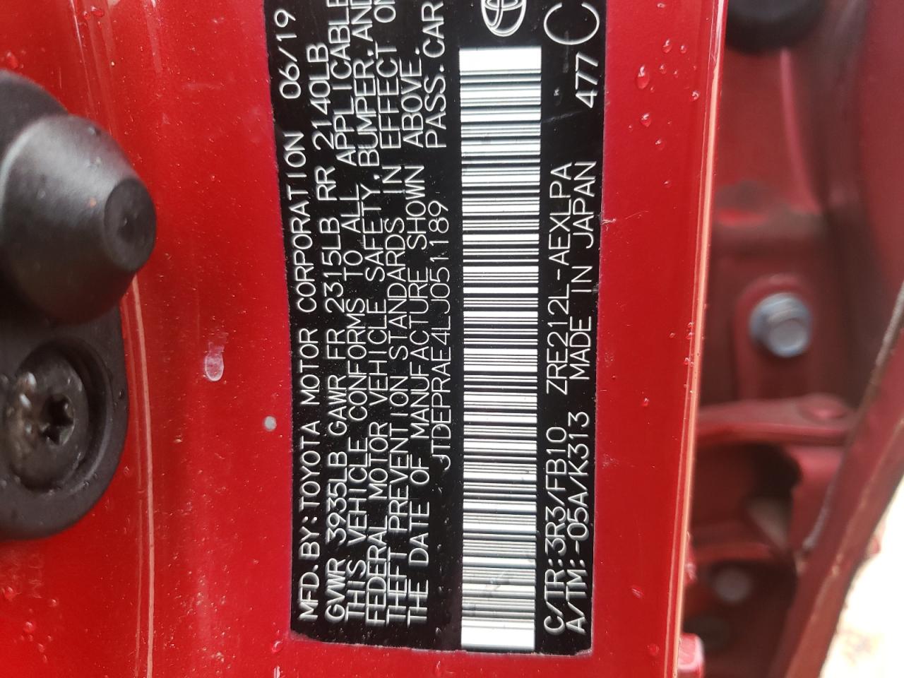 Photo 10 from auction – 2020 TOYOTA COROLLA LE with VIN JTDEPRAE4LJ051189