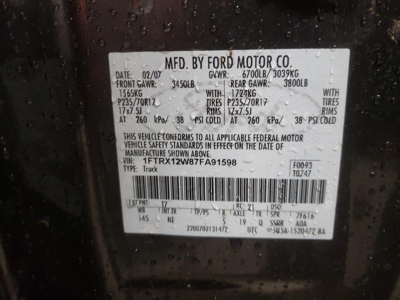 Photo 10 from auction – 2007 FORD F150 with VIN 1FTRX12W87FA91598