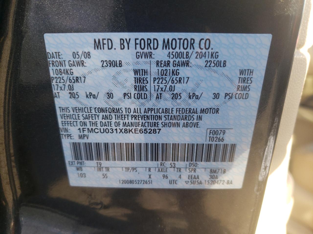 Photo 10 from auction – 2008 FORD ESCAPE XLT with VIN 1FMCU031X8KE65287