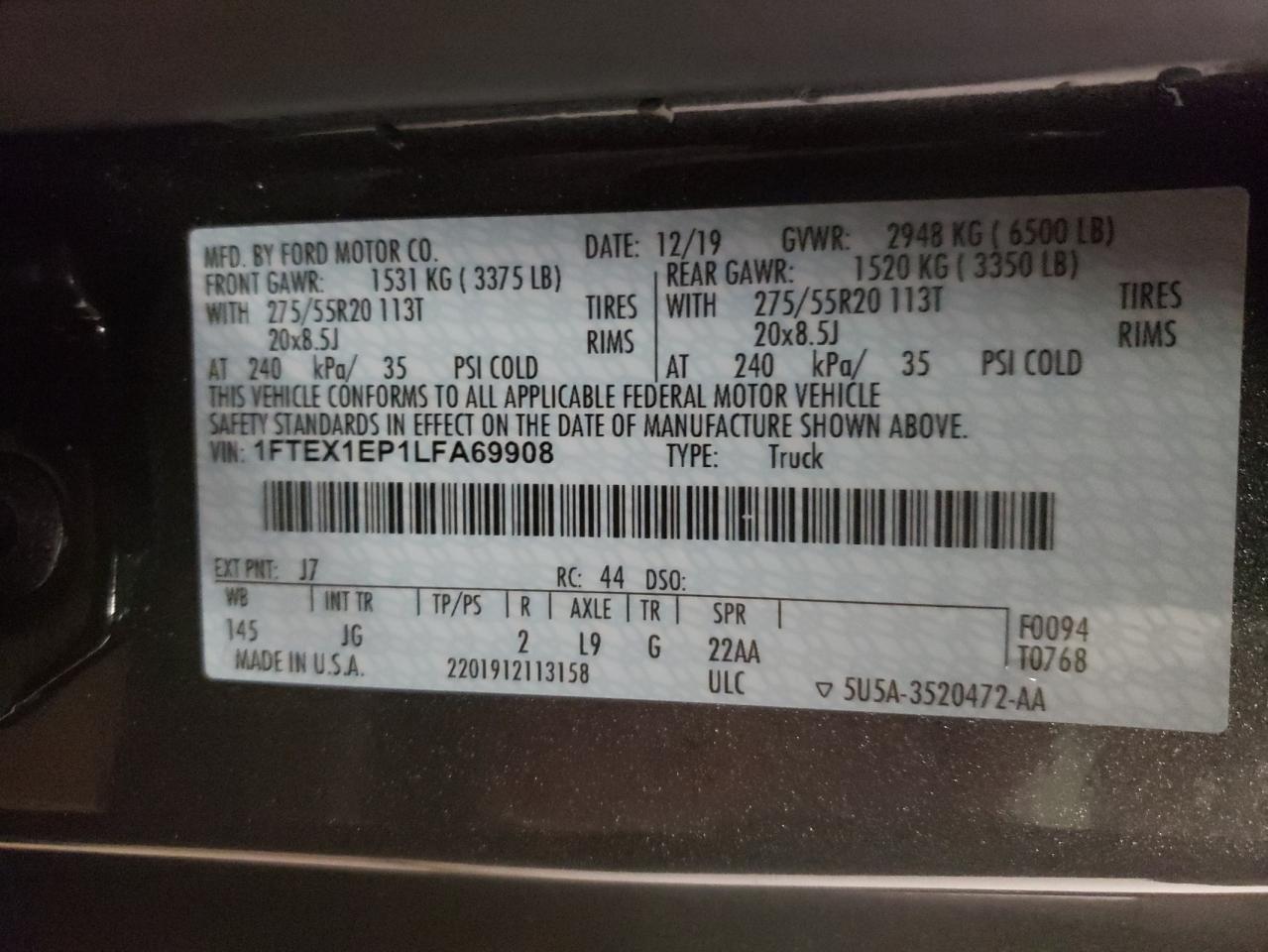 Photo 10 from auction – 2020 FORD F150 SUPER with VIN 1FTEX1EP1LFA69908