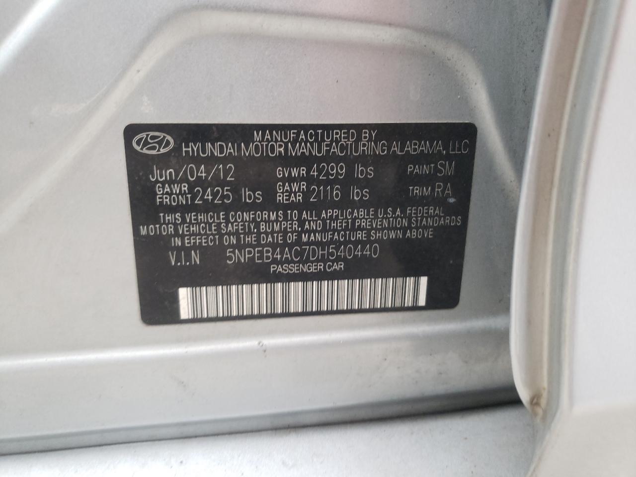 Photo 10 from auction – 2013 HYUNDAI SONATA GLS with VIN 5NPEB4AC7DH540440