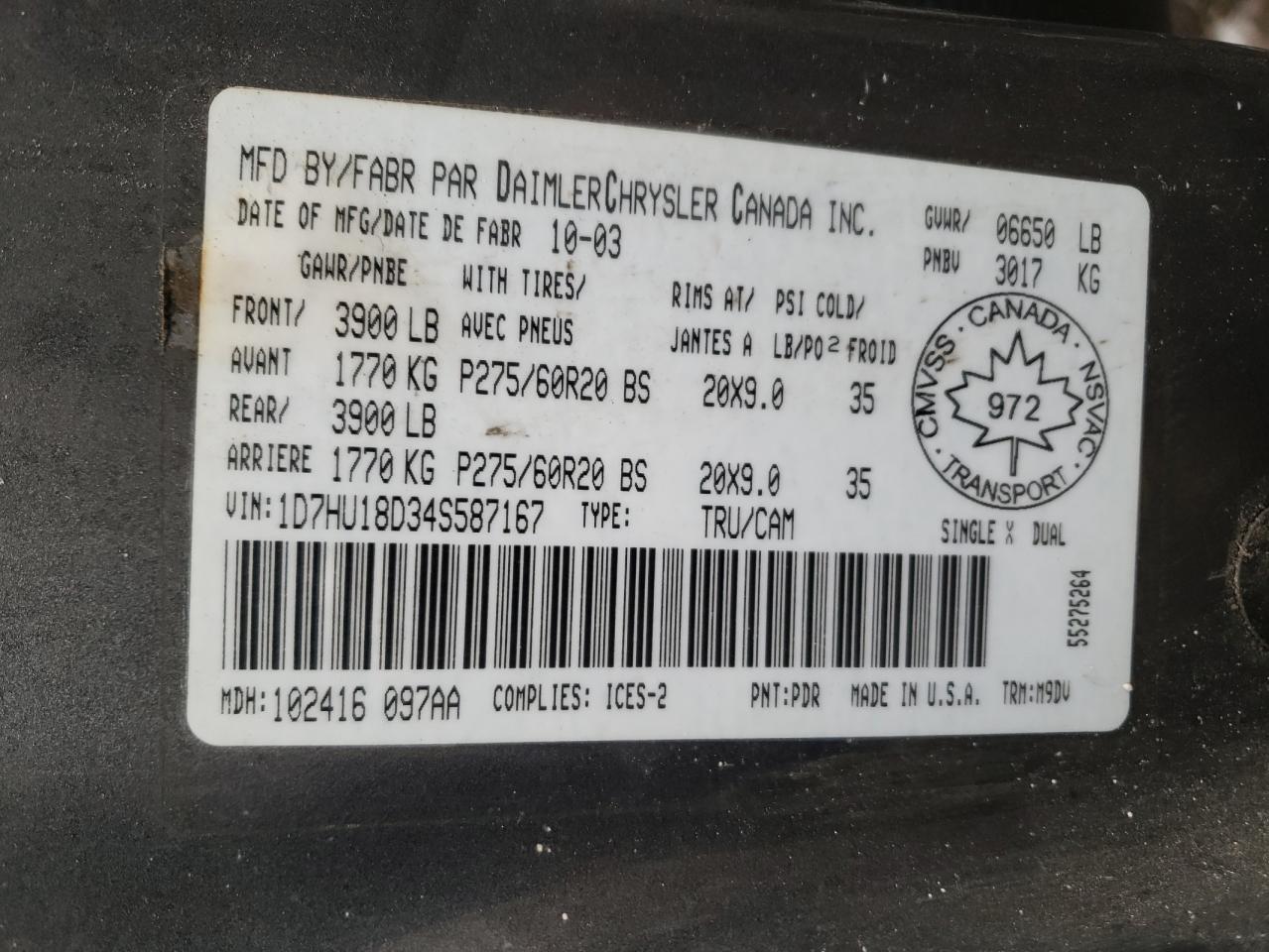 Photo 10 from auction – 2004 DODGE RAM 1500 S with VIN 1D7HU18D34S587167