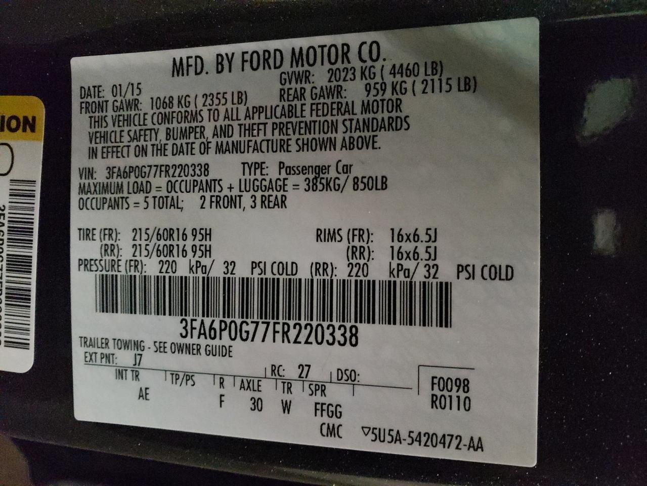 Photo 10 from auction – 2015 FORD FUSION S with VIN 3FA6P0G77FR220338