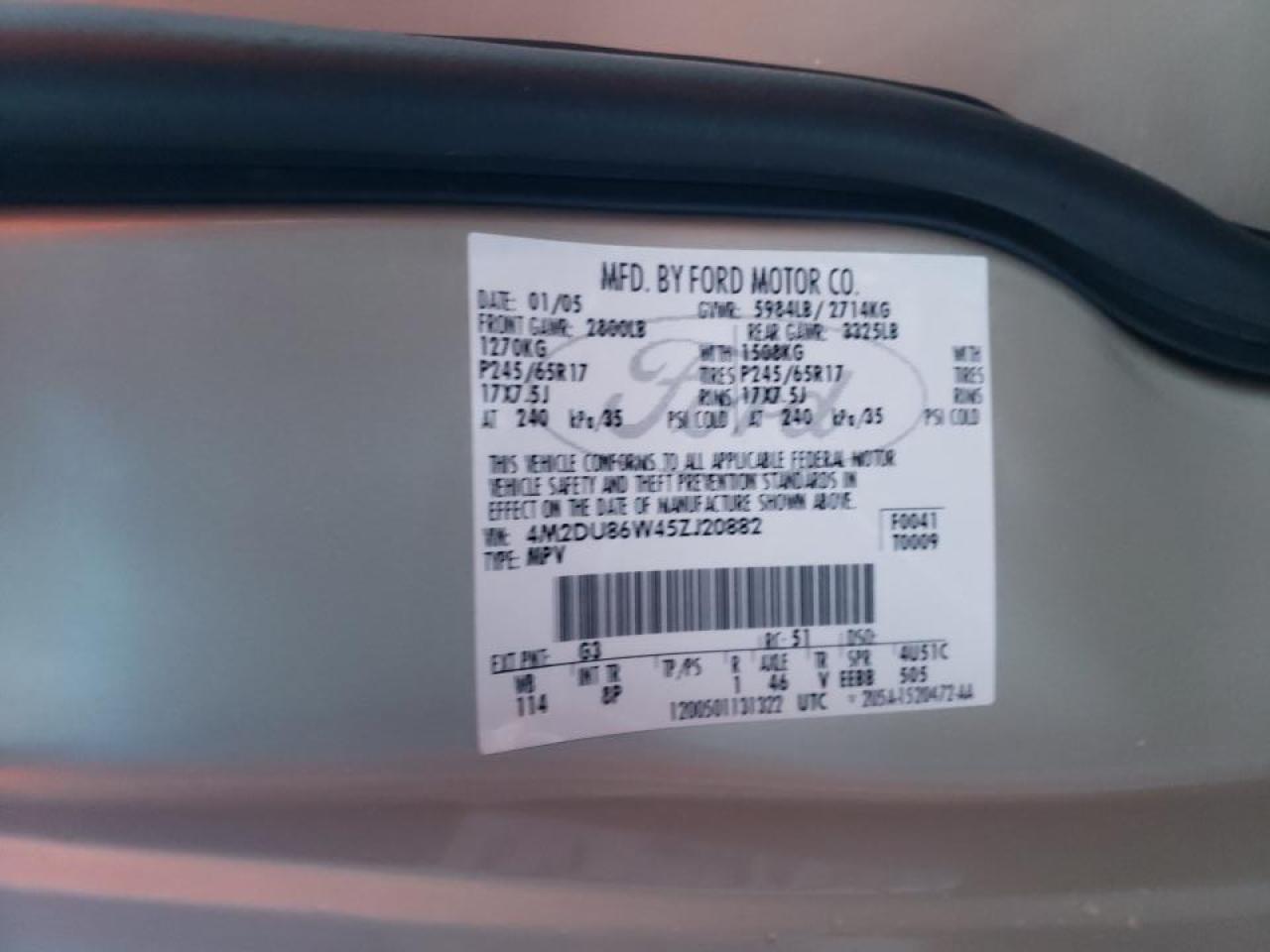 Photo 10 from auction – 2005 MERCURY MOUNTAINEE with VIN 4M2DU86W45ZJ20882