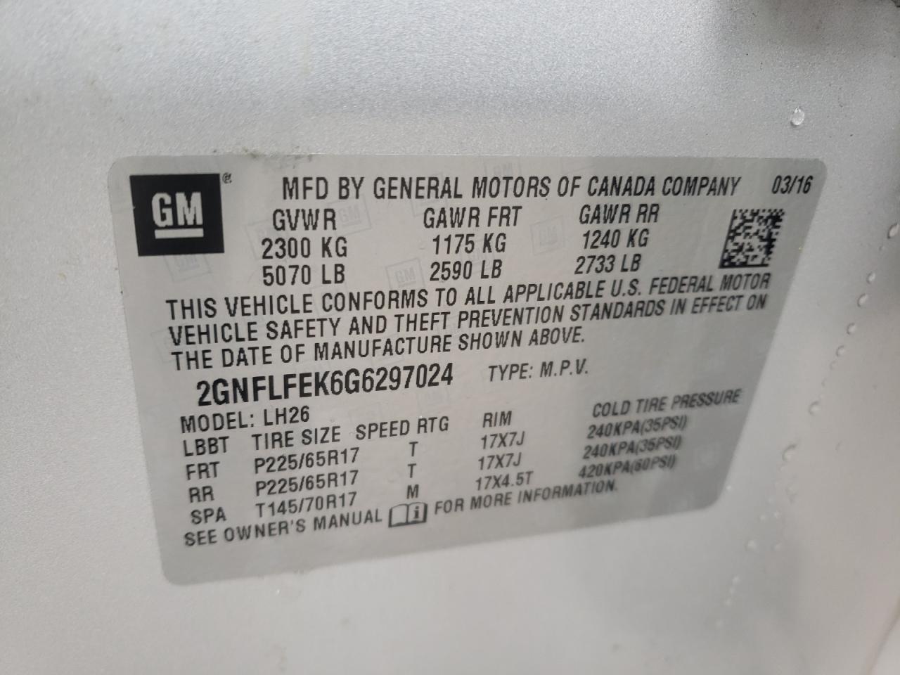 Photo 10 from auction – 2016 CHEVROLET EQUINOX LT with VIN 2GNFLFEK6G6297024