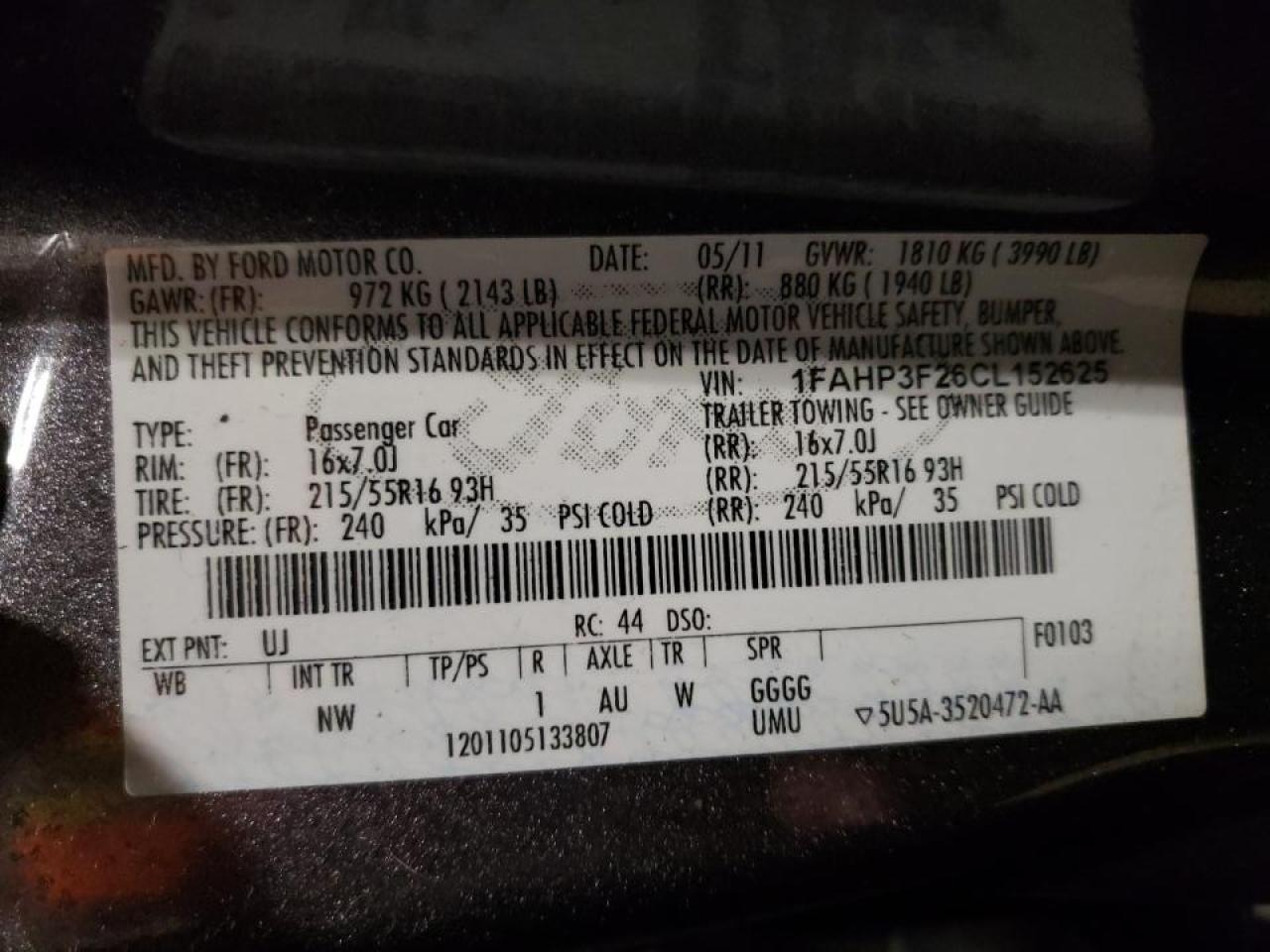 Photo 10 from auction – 2012 FORD FOCUS SE with VIN 1FAHP3F26CL152625