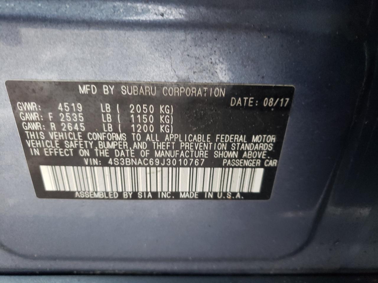 Photo 10 from auction – 2018 SUBARU LEGACY 2.5 with VIN 4S3BNAC69J3010767