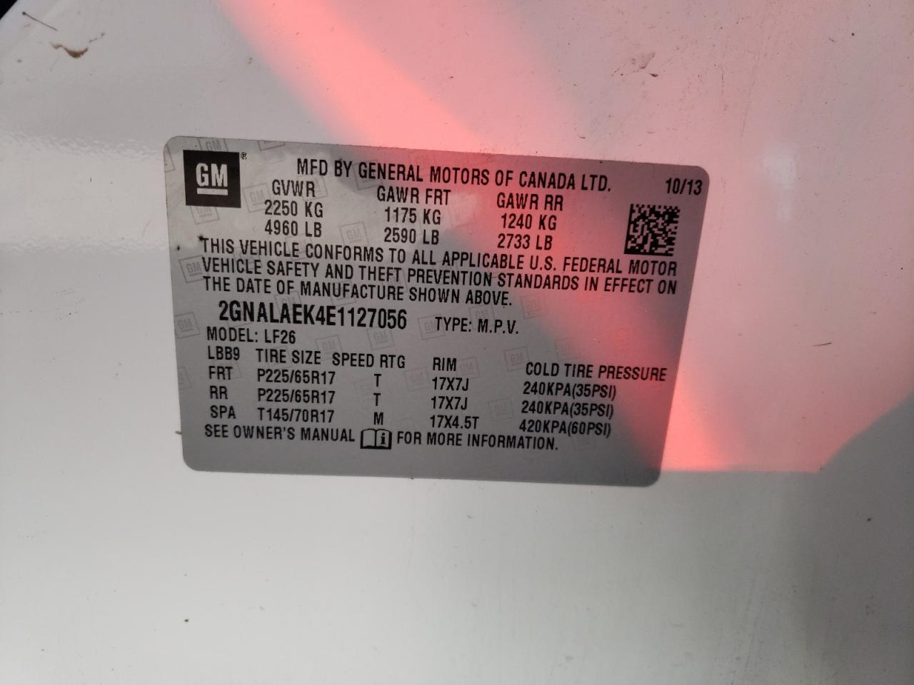 Photo 10 from auction – 2014 CHEVROLET EQUINOX LS with VIN 2GNALAEK4E1127056