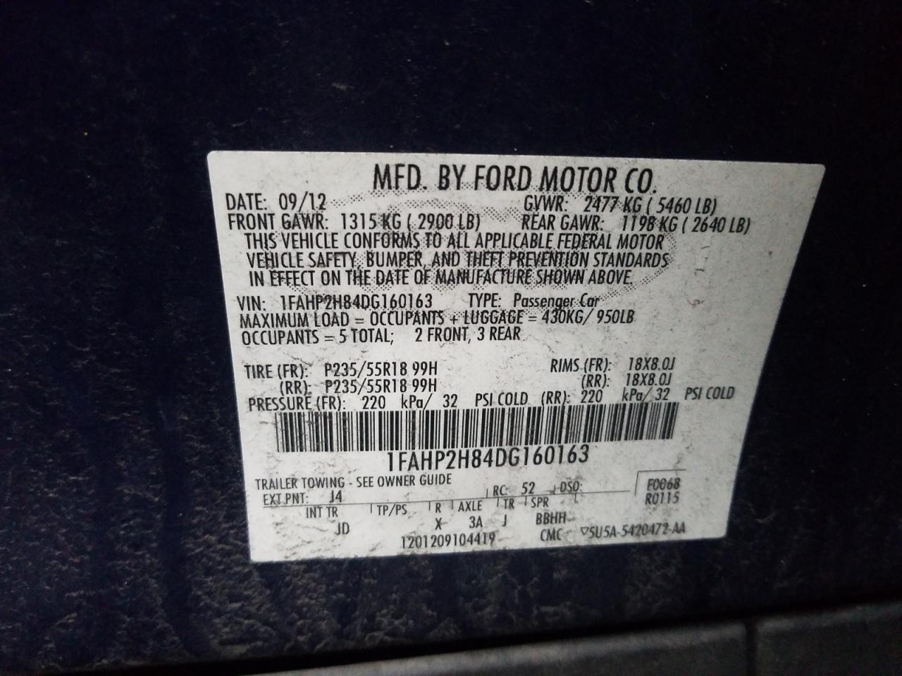 Photo 10 from auction – 2013 FORD TAURUS SEL with VIN 1FAHP2H84DG160163