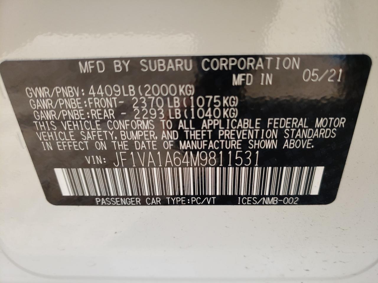 Photo 10 from auction – 2021 SUBARU WRX with VIN JF1VA1A64M9811531
