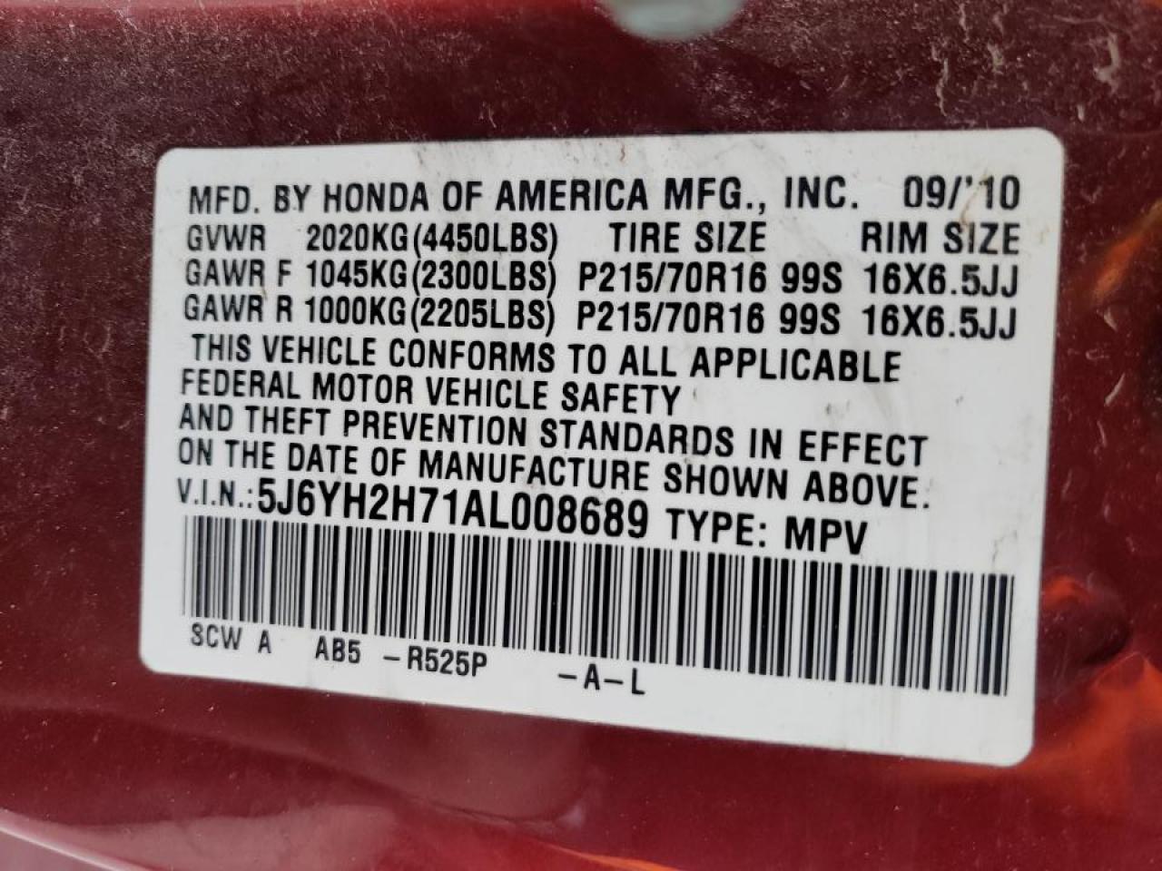Photo 10 from auction – 2010 HONDA ELEMENT EX with VIN 5J6YH2H71AL008689