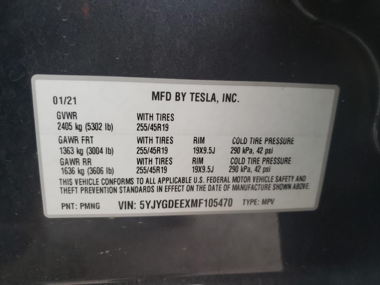 Photo 10 from auction – 2021 TESLA MODEL Y with VIN 5YJYGDEEXMF105470