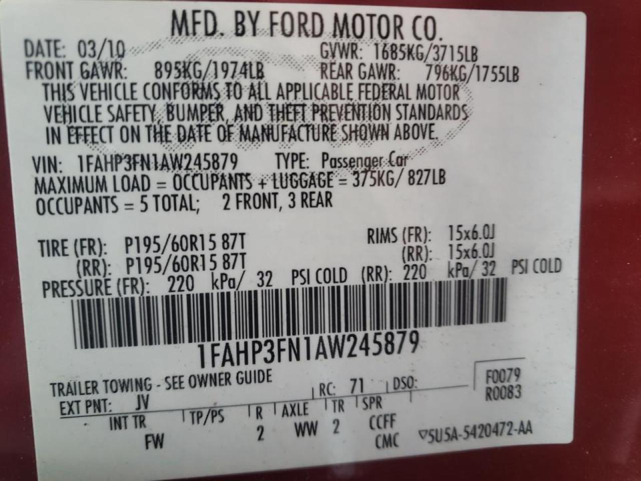 Photo 10 from auction – 2010 FORD FOCUS with VIN 1FAHP3FN1AW245879