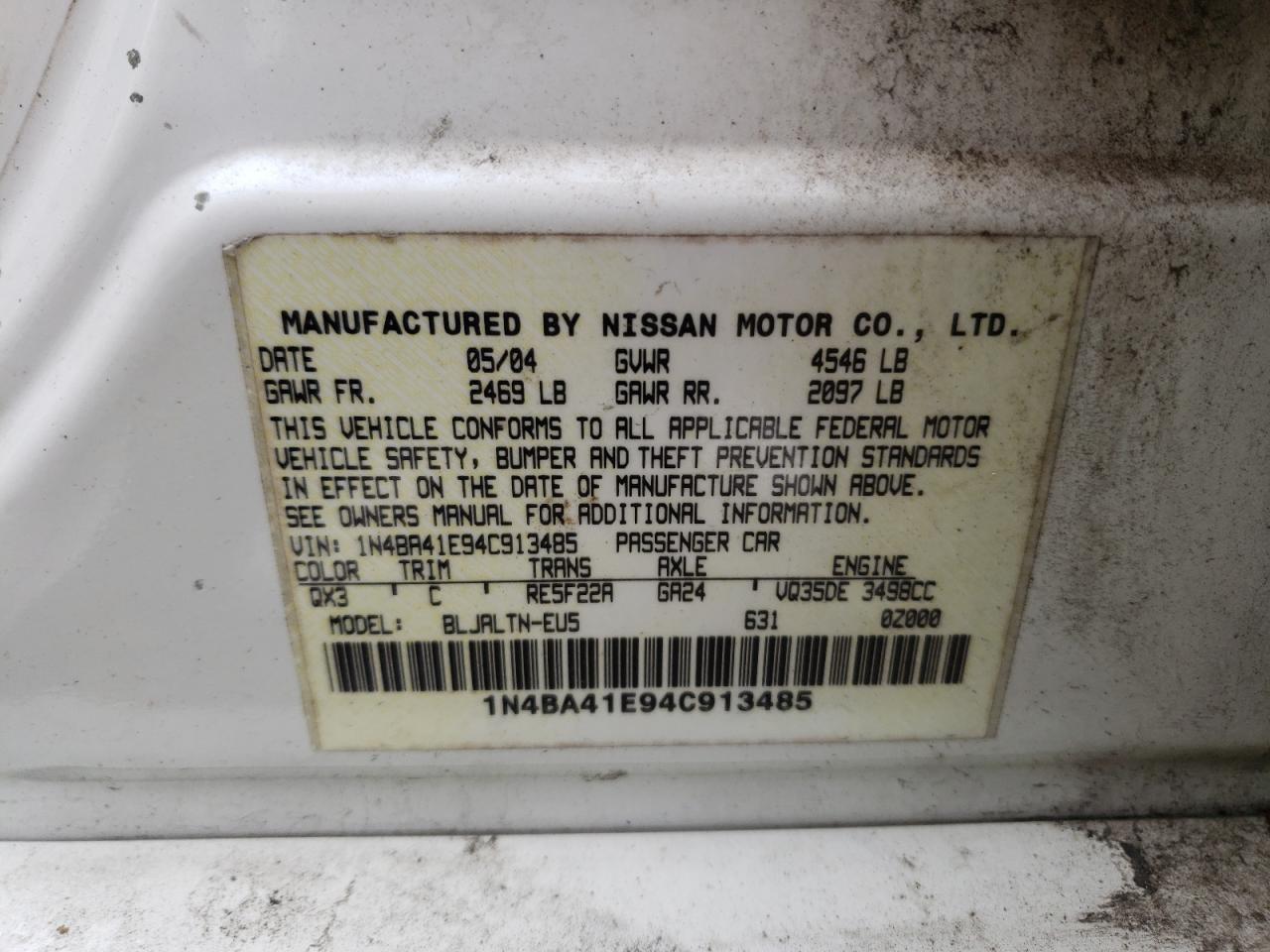Photo 10 from auction – 2004 NISSAN MAXIMA SE with VIN 1N4BA41E94C913485