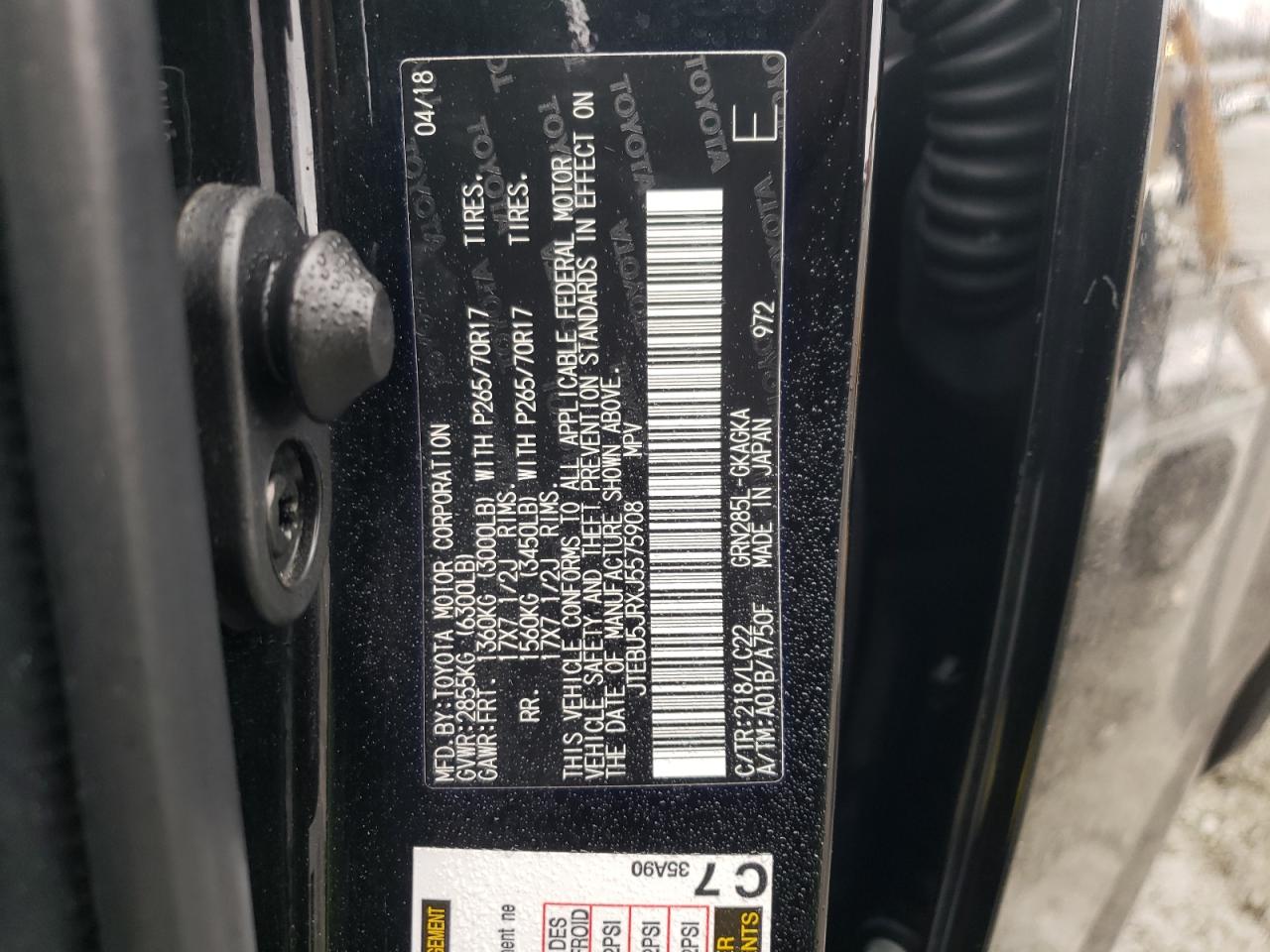 Photo 10 from auction – 2018 TOYOTA 4RUNNER SR with VIN JTEBU5JRXJ5575908