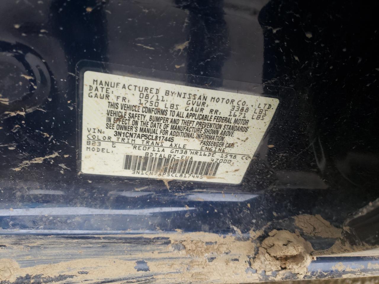 Photo 10 from auction – 2012 NISSAN VERSA S with VIN 3N1CN7AP5CL817445