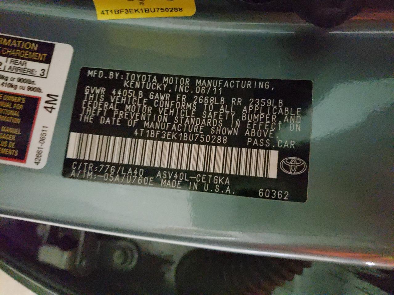 Photo 10 from auction – 2011 TOYOTA CAMRY BASE with VIN 4T1BF3EK1BU750288