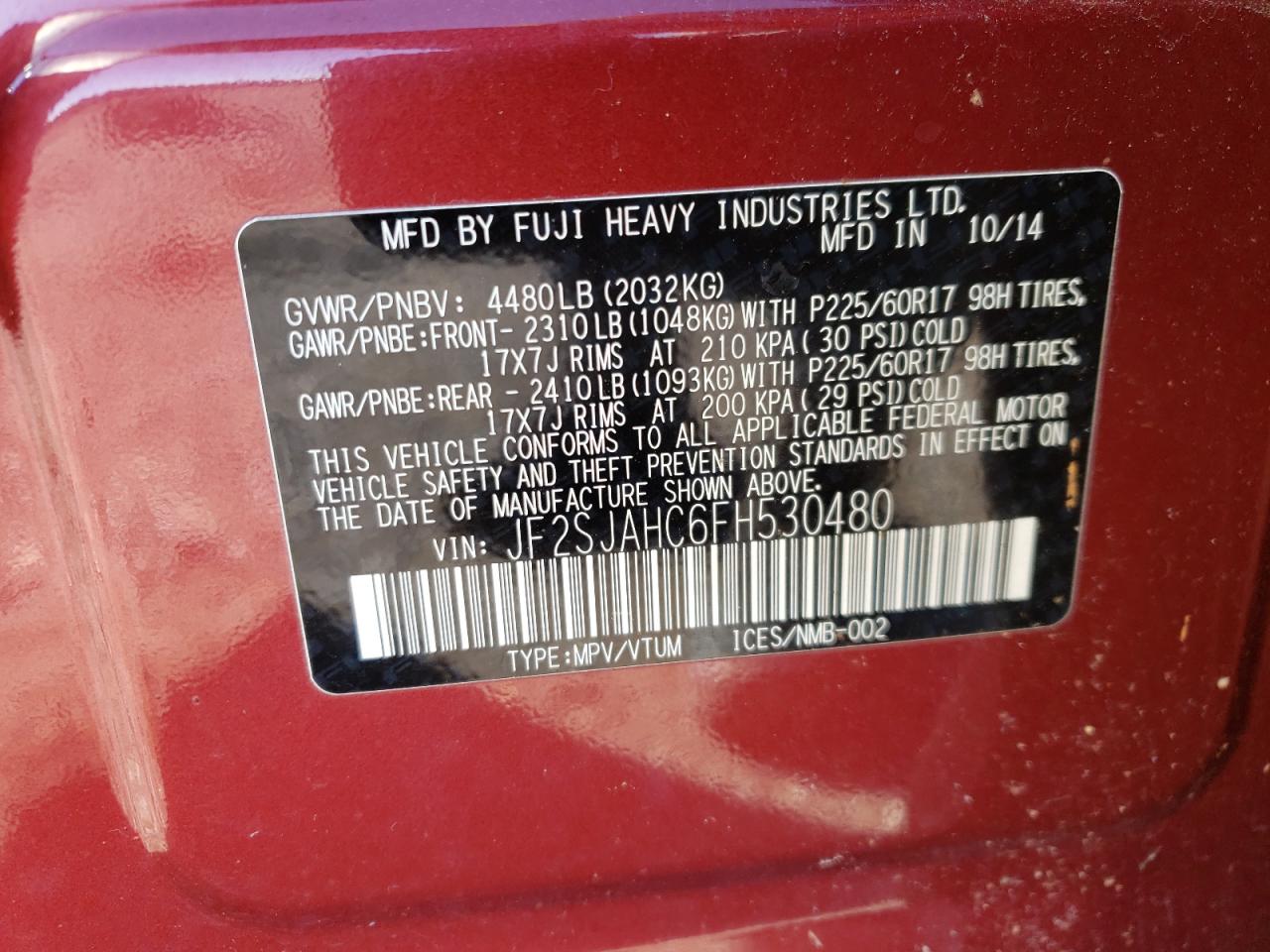 Photo 10 from auction – 2015 SUBARU FORESTER 2 with VIN JF2SJAHC6FH530480