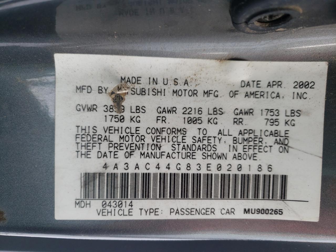 Photo 10 from auction – 2003 MITSUBISHI ECLIPSE GS with VIN 4A3AC44G83E020186