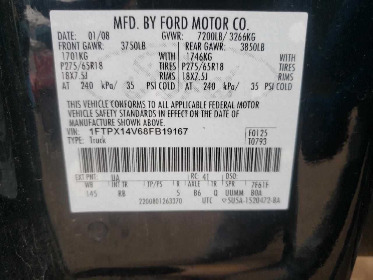 Photo 10 from auction – 2008 FORD F150 with VIN 1FTPX14V68FB19167