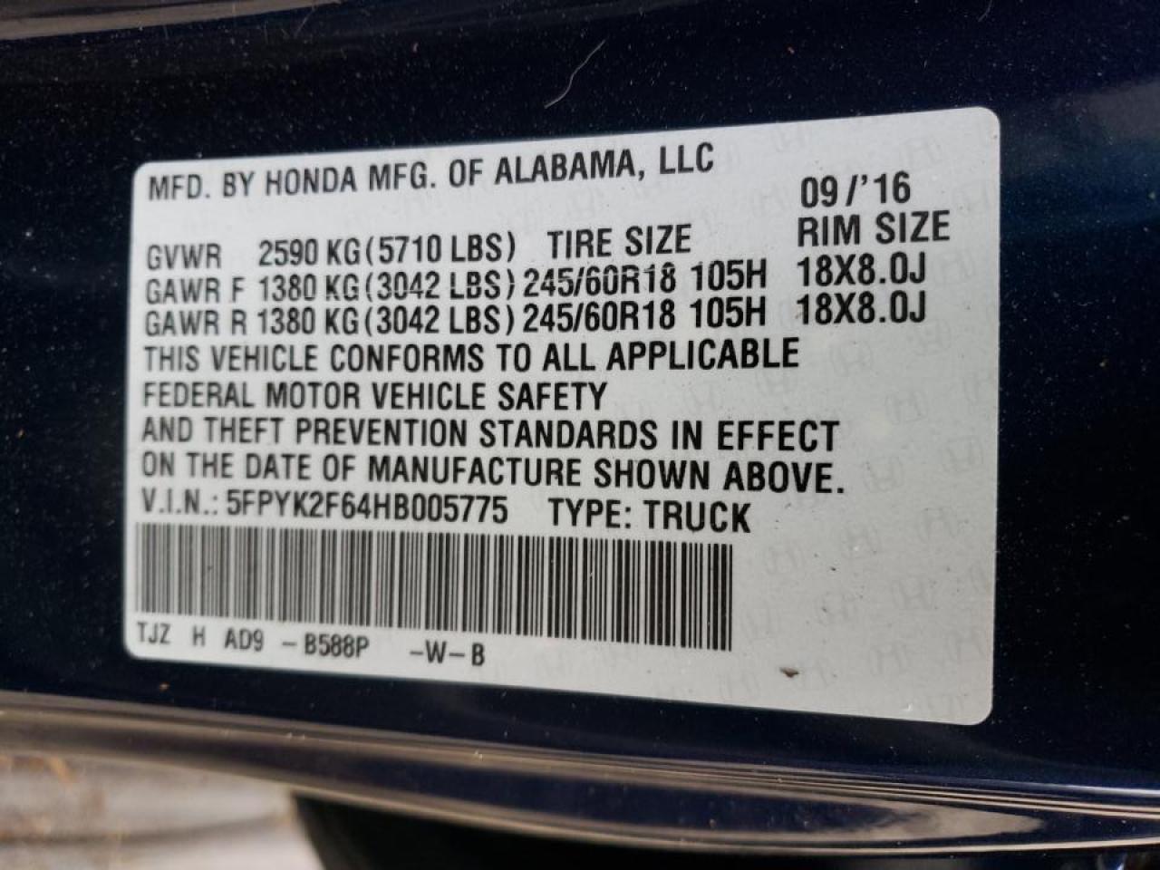 Photo 10 from auction – 2017 HONDA RIDGELINE with VIN 5FPYK2F64HB005775