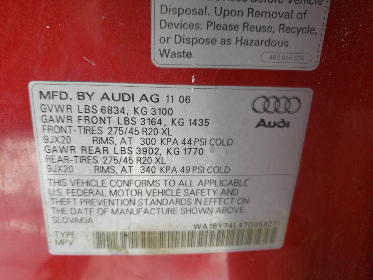Photo 10 from auction – 2007 AUDI Q7 with VIN WA1BY74L47D059211