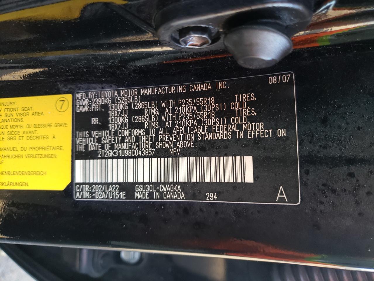 Photo 10 from auction – 2008 LEXUS RX 350 with VIN 2T2GK31U98C043857