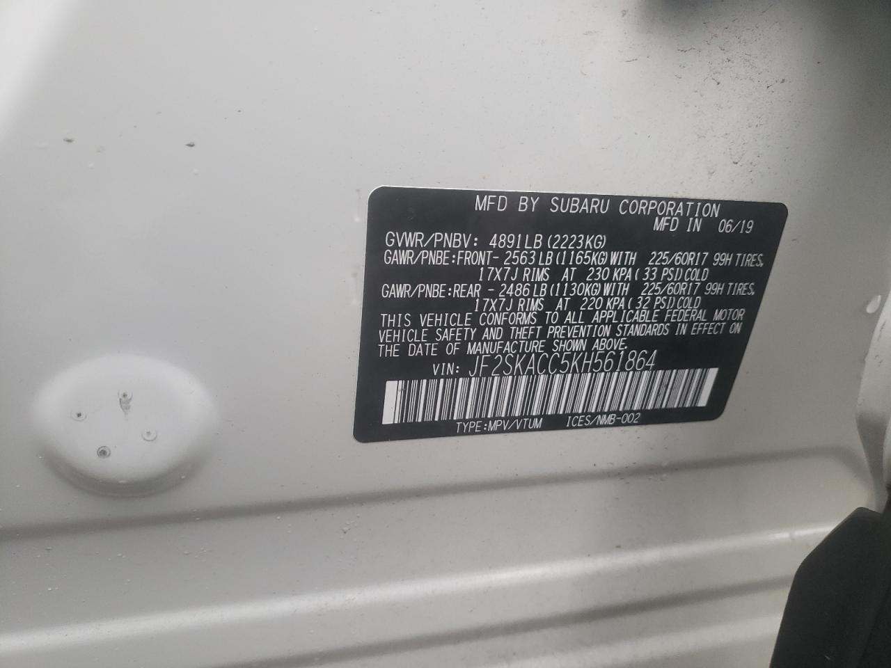 Photo 10 from auction – 2019 SUBARU FORESTER with VIN JF2SKACC5KH561864