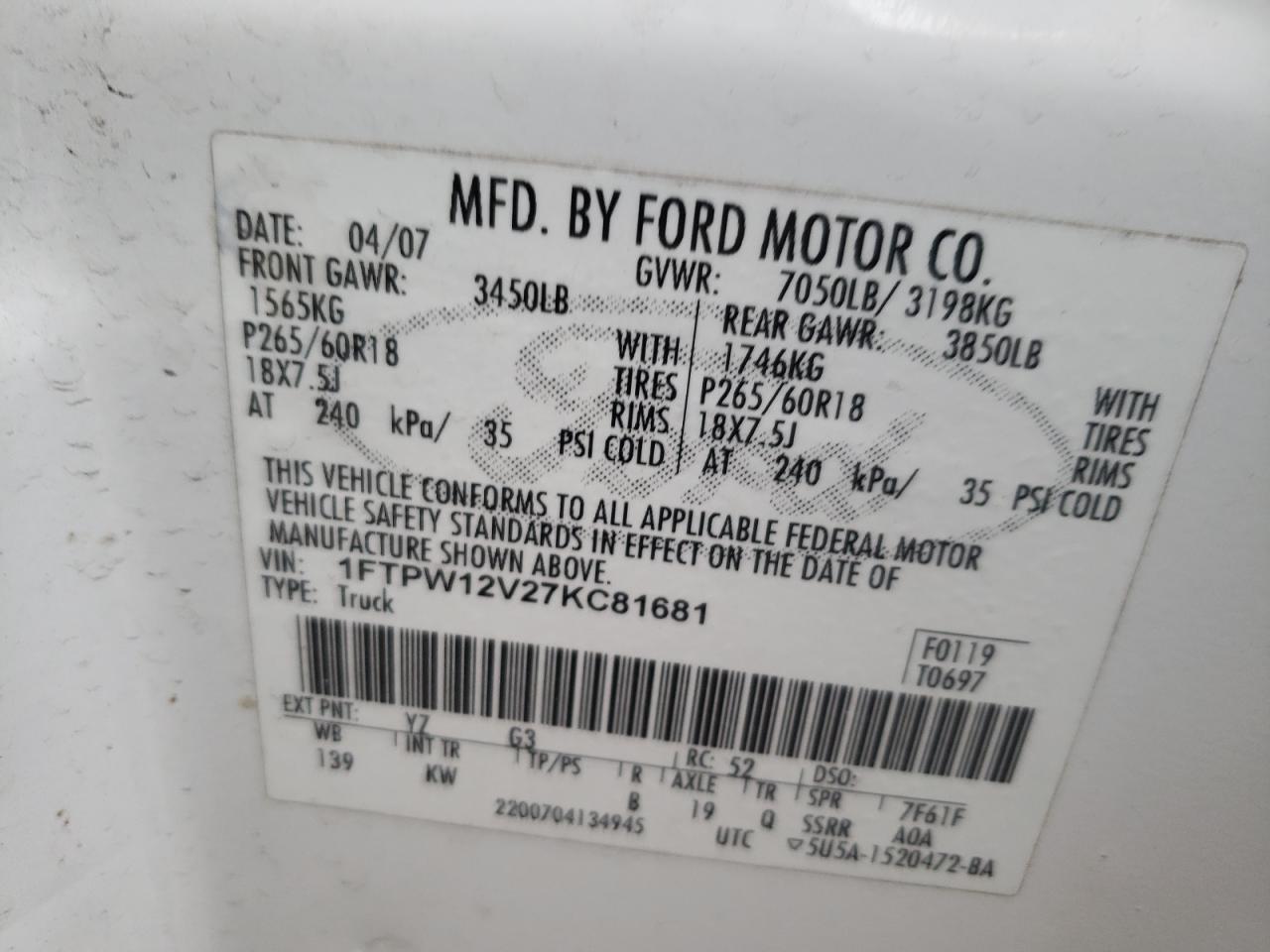 Photo 10 from auction – 2007 FORD F150 SUPER with VIN 1FTPW12V27KC81681