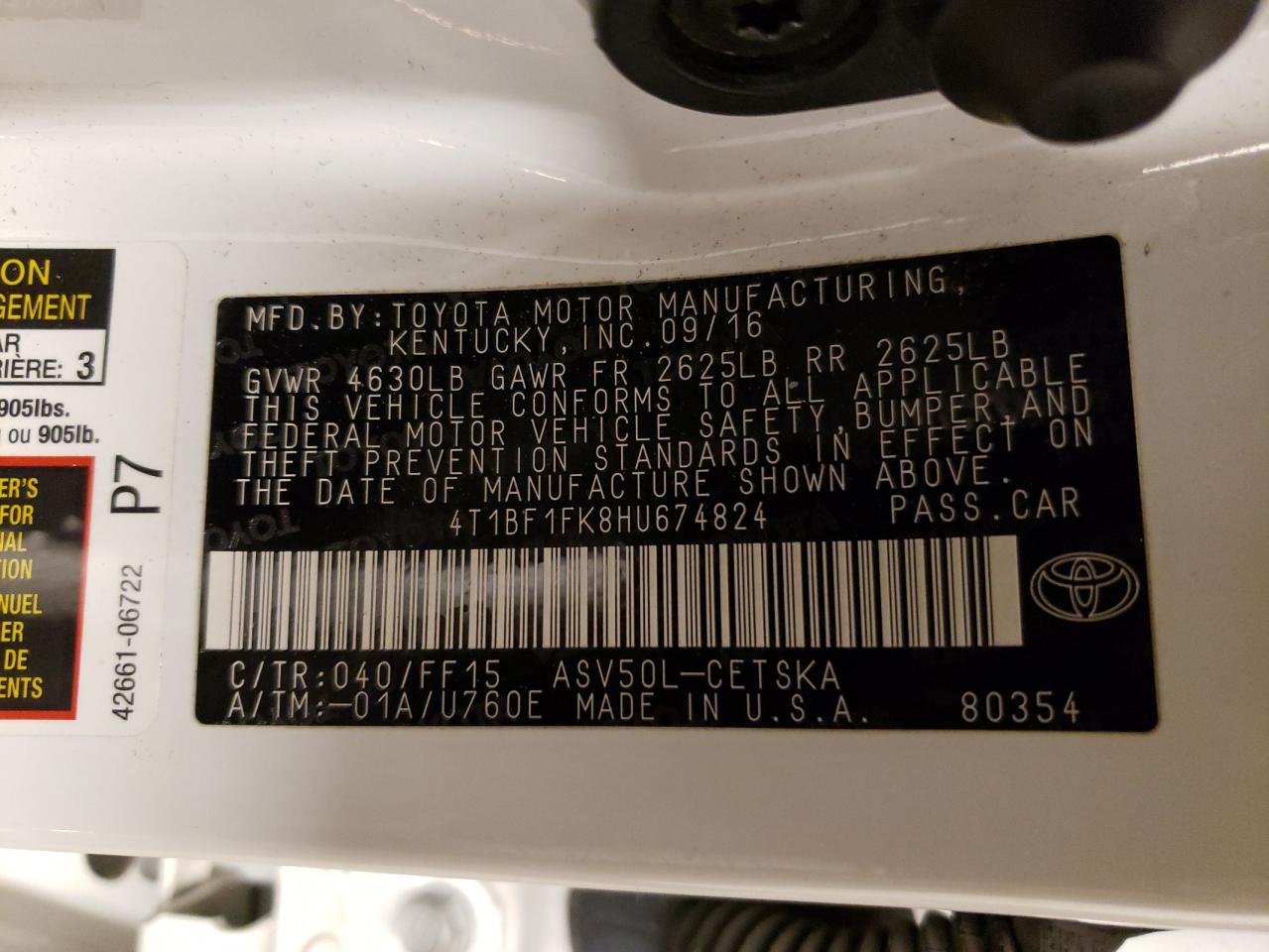 Photo 10 from auction – 2017 TOYOTA CAMRY LE with VIN 4T1BF1FK8HU674824