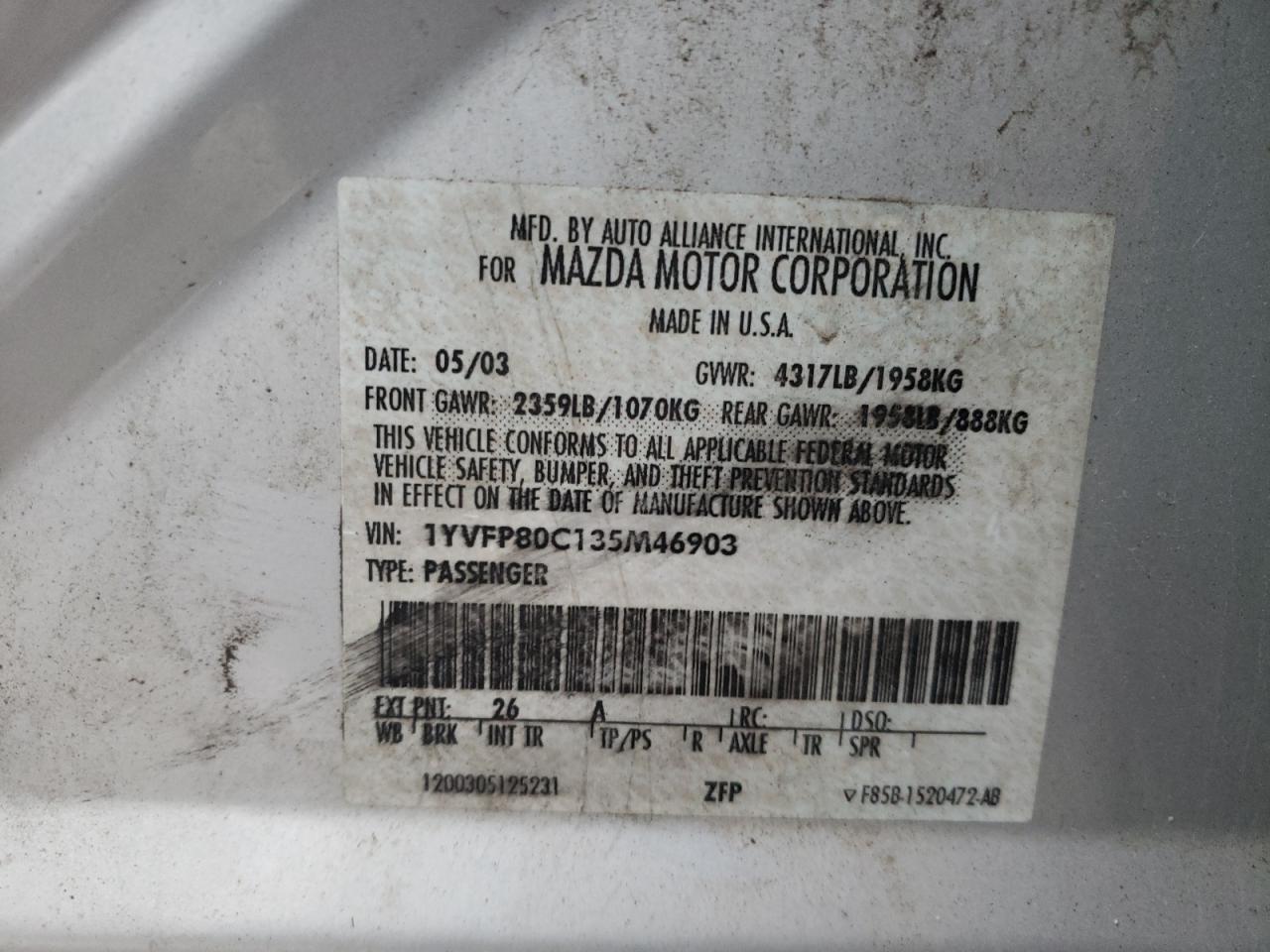 Photo 10 from auction – 2003 MAZDA MAZDA6 with VIN 1YVFP80C135M46903