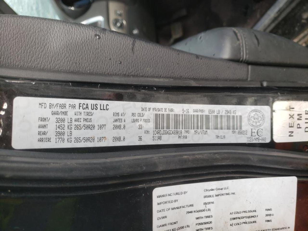 Photo 10 from auction – 2016 DODGE DURANGO LI with VIN 1C4RDJDGXGC433018