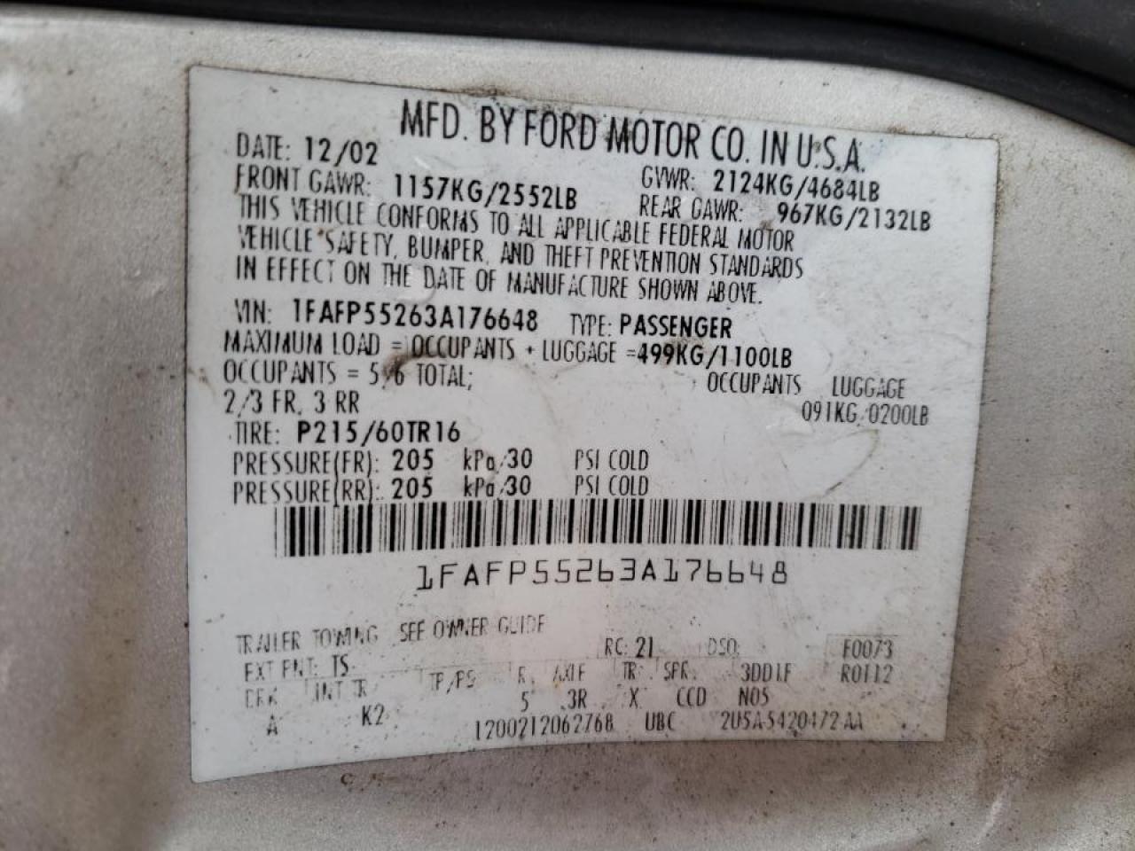 Photo 10 from auction – 2003 FORD TAURUS SES with VIN 1FAFP55263A176648