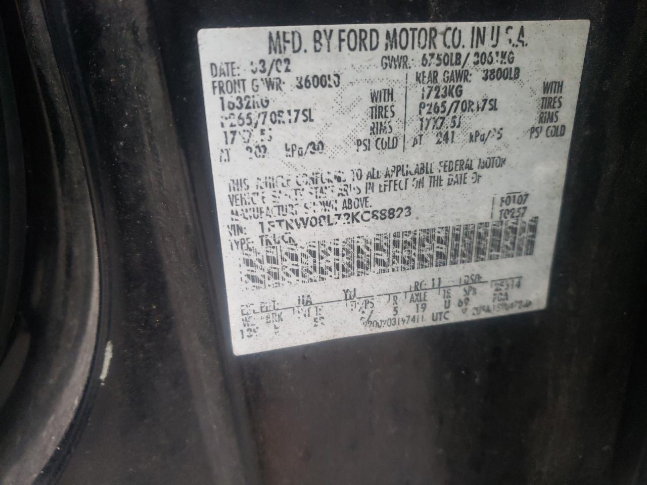 Photo 10 from auction – 2002 FORD F150 SUPER with VIN 1FTRW08L72KC88823