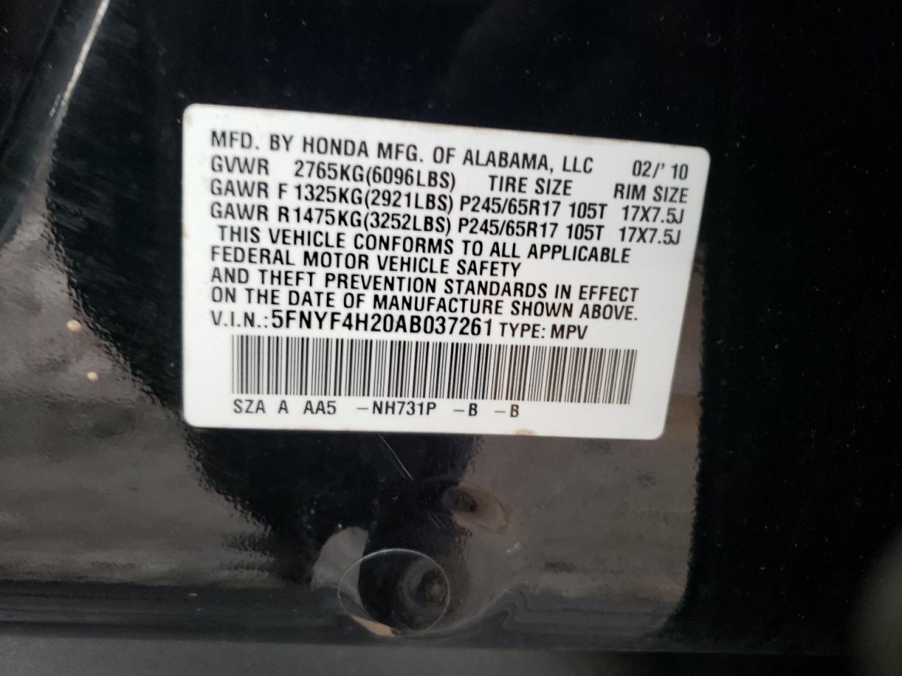 Photo 10 from auction – 2010 HONDA PILOT LX with VIN 5FNYF4H20AB037261