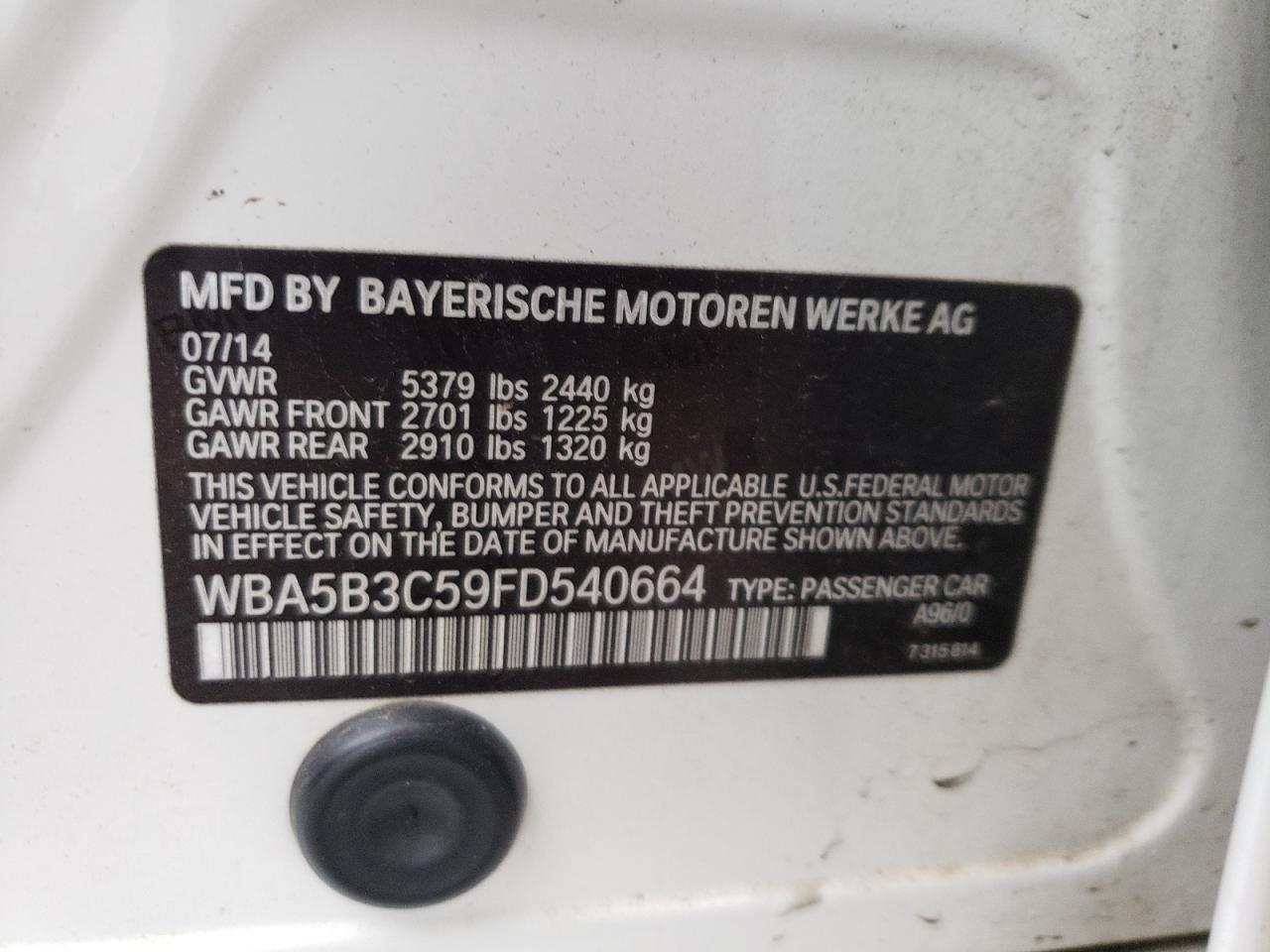 Photo 10 from auction – 2015 BMW 535 XI with VIN WBA5B3C59FD540664