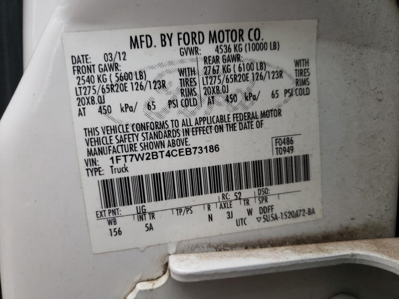 Photo 10 from auction – 2012 FORD F250 SUPER with VIN 1FT7W2BT4CEB73186