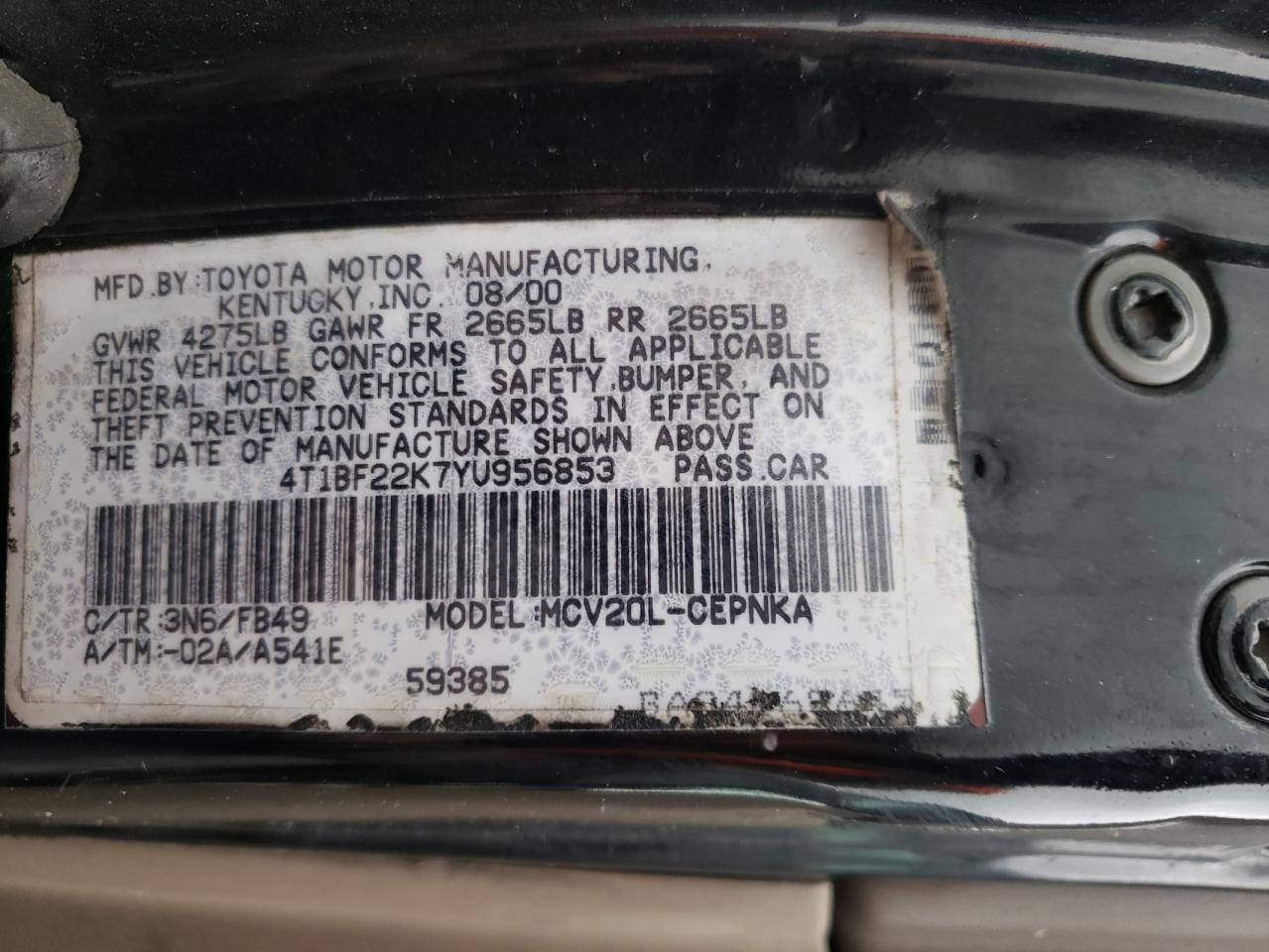 Photo 10 from auction – 2000 TOYOTA CAMRY LE with VIN 4T1BF22K7YU956853