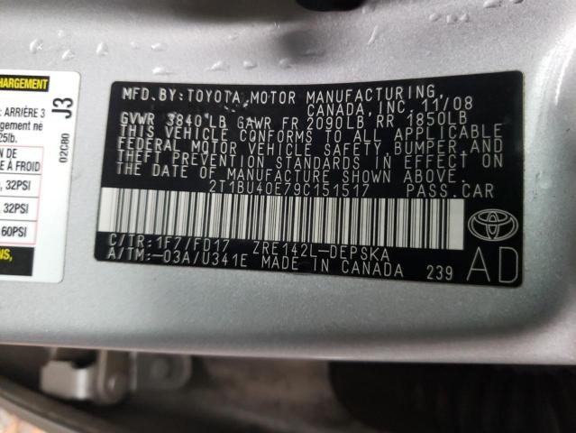 Photo 10 from auction – 2009 TOYOTA COROLLA BA with VIN 2T1BU40E79C151517