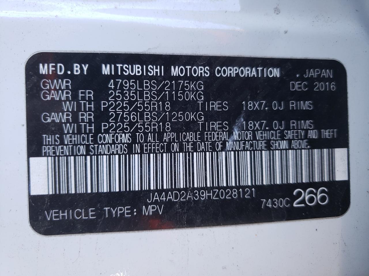 Photo 10 from auction – 2017 MITSUBISHI OUTLANDER with VIN JA4AD2A39HZ028121