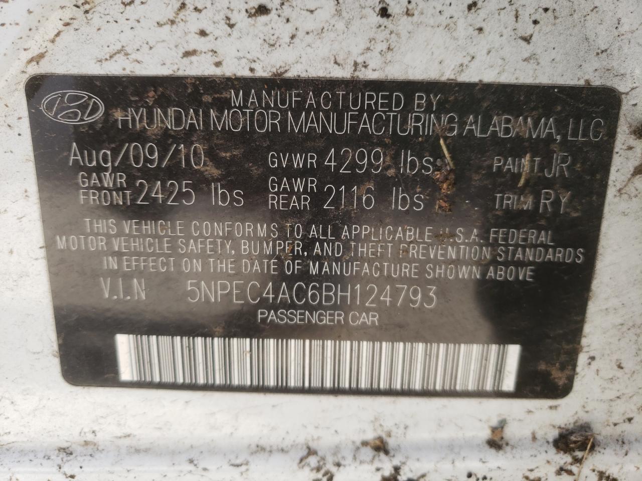 Photo 10 from auction – 2011 HYUNDAI SONATA SE with VIN 5NPEC4AC6BH124793